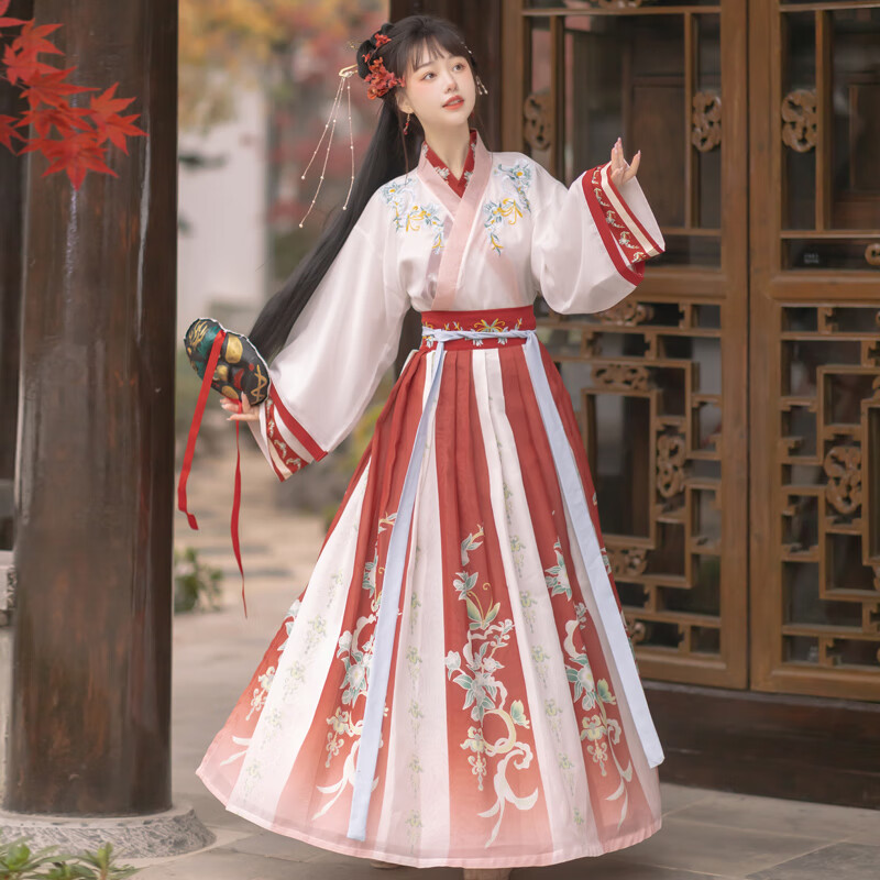 羽木萱汉服女古装交领齐腰襦裙成人中国风晋制学生日常款{紫罗} 红色三件套 M_155-163属于什么档次？