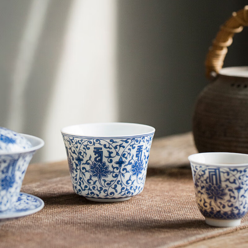 陶立方白瓷品茗杯甜白陶瓷杯彩绘单杯喝茶主人杯家用喝茶杯功夫茶具配件 甜白品茗杯-青花