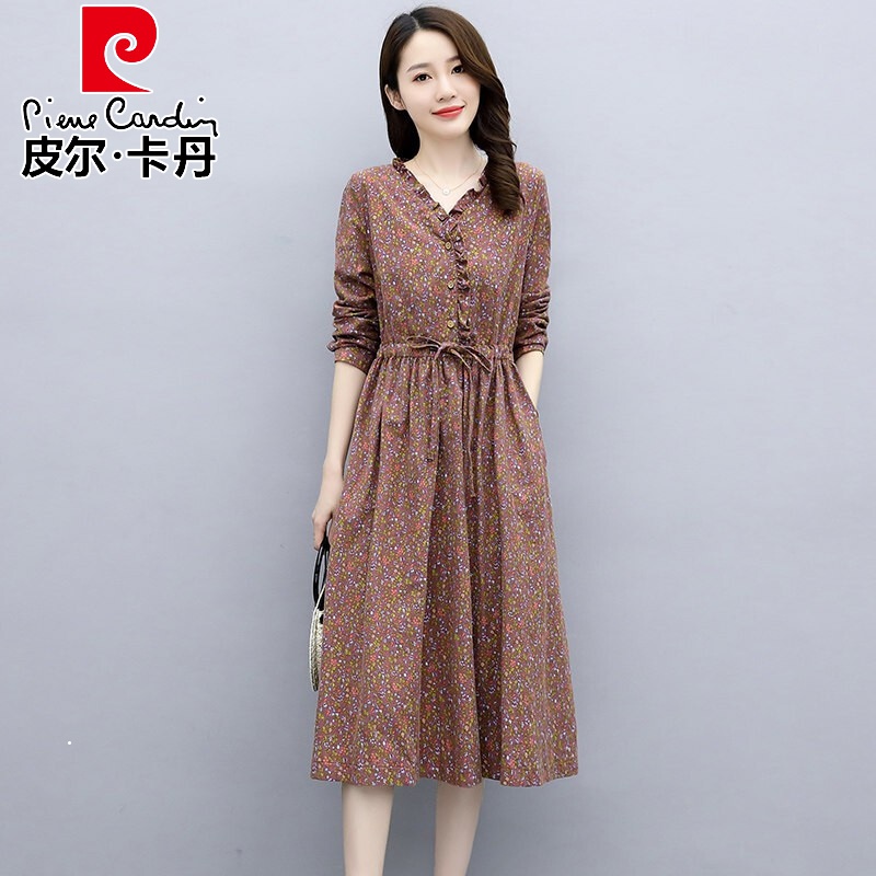 皮尔卡丹品牌高档女装 棉麻碎花连衣裙春款女装2022年新款高端气质