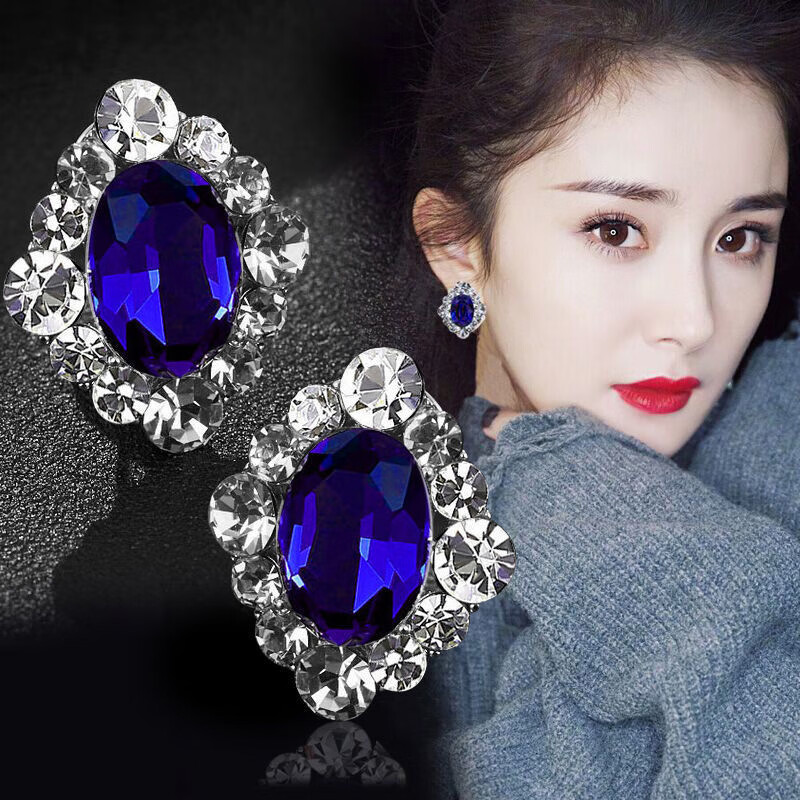 韩国几何蓝宝石耳钉女感气质轻奢耳环2023年新款夸张精致 宝蓝水晶