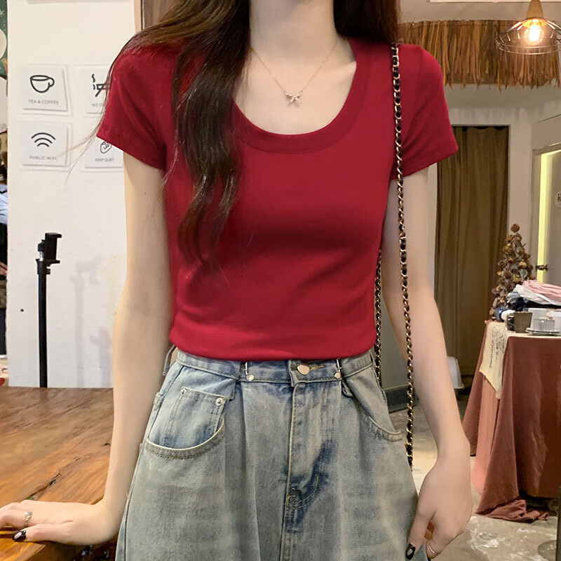 萧遇(XIAOYU)2026年春夏季新款短袖T恤女士装修身百搭圆领正肩打底半袖上衣服 酒红色 M 95-105斤