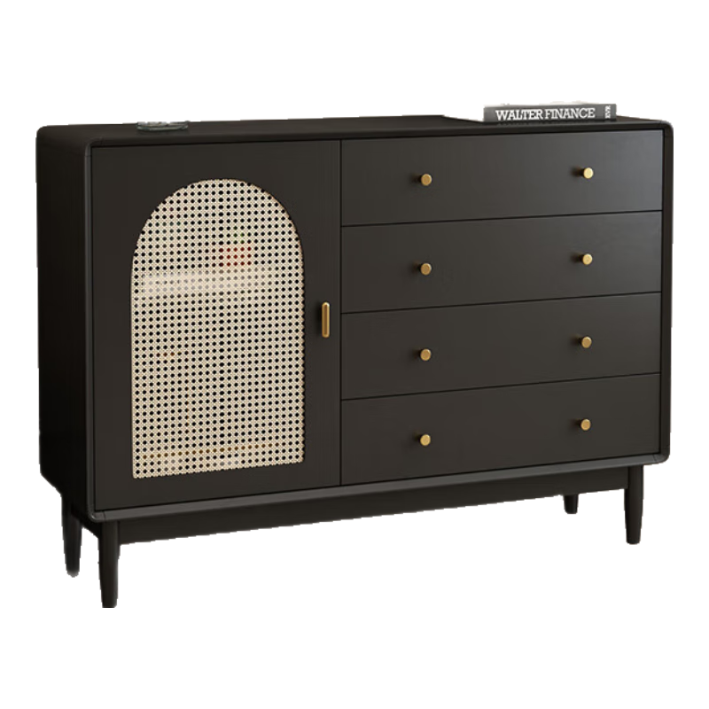 雷勒（rayle）藤编斗柜复古黑色客厅靠墙收纳柜法式置物储物柜立柜高级感中古柜 H-248Y一门四抽-圆角140*40*100 上门安装