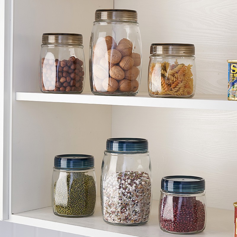 龙士达圆形玻璃密封罐 防潮透明厨房玻璃瓶储物罐 无铅泡菜坛子零食罐 天蓝色750ml