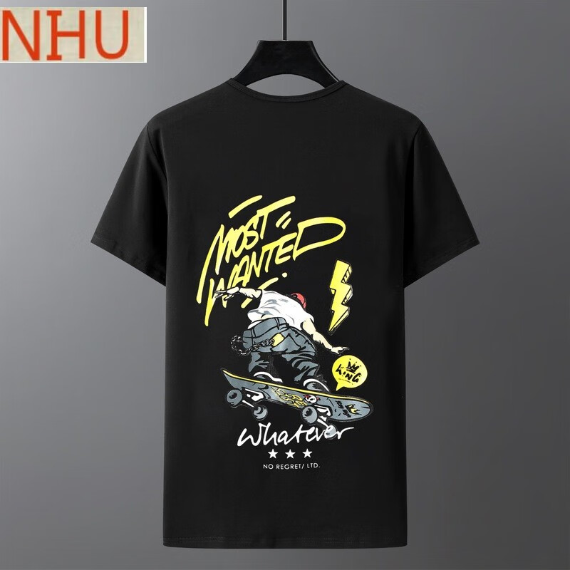 男士300斤潮胖短裤t恤两件套宽松胖子肥佬休闲装夏季 黑色滑板短袖