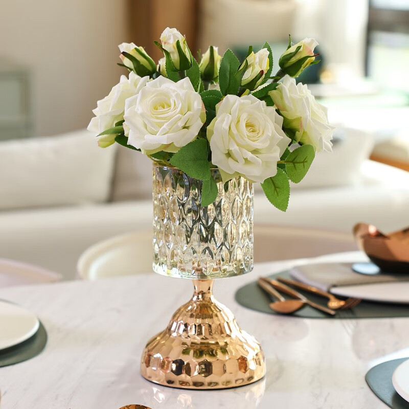 初见轻奢透明玻璃花瓶花艺假花金属高档客厅插花摆件餐桌电视柜装饰品