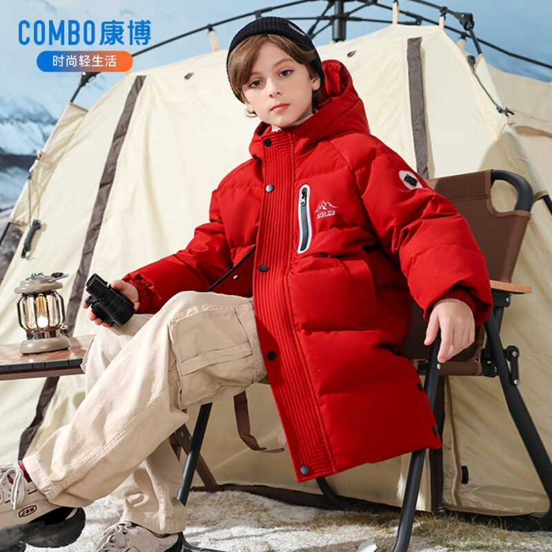 康博儿童羽绒服男童冬季新款中大童中长款加厚保暖青少年童装外套 黑色 160