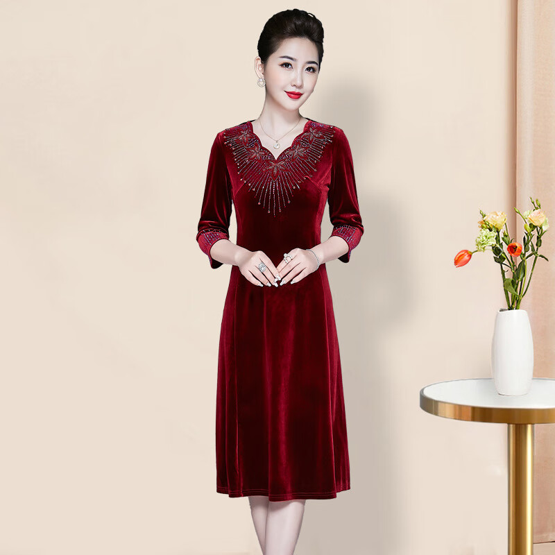 百丽驼美士（BALITOMMS）年新款重工钉珠领红色金丝绒连衣裙中年高贵婚宴旗袍裙 2099 酒红 M