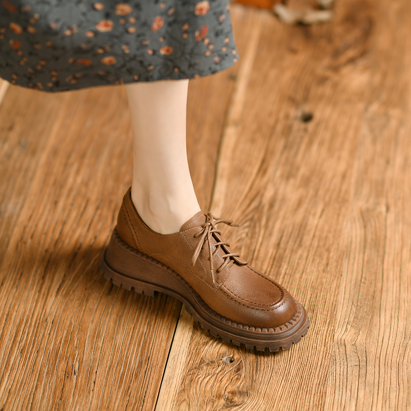 裙装增高坡跟系带小皮鞋女牛皮圆头深口单鞋朋克减龄乐褔鞋子女 棕色
