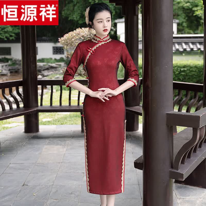 恒源祥秋秋季旗袍日常可穿改良酒红色旗袍长款七分袖细腰2023年新款修身 酒红色 M怎么样,好用不?