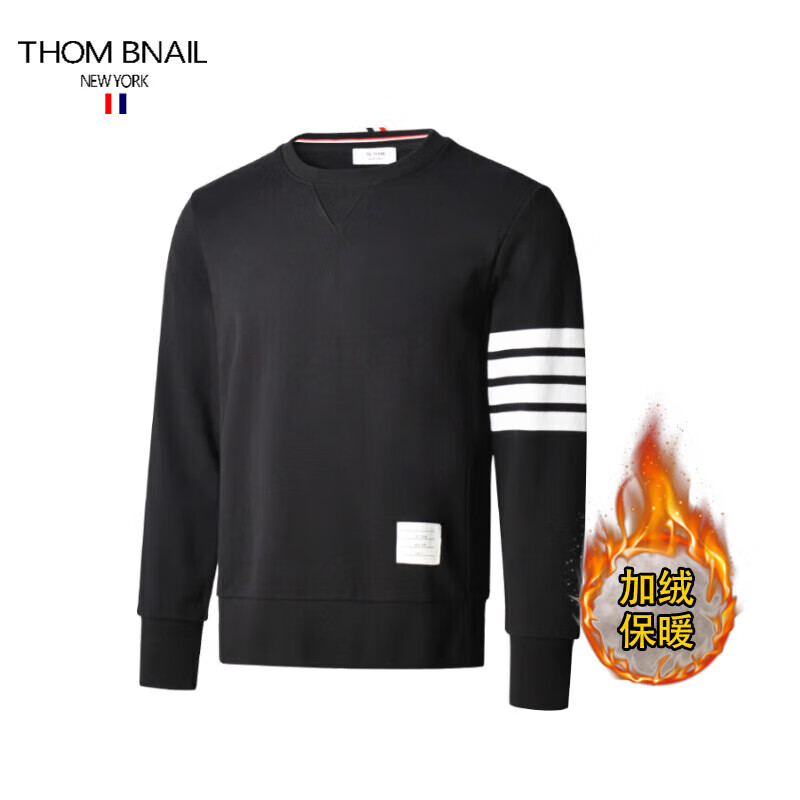 THOM BNAIL TB男士卫衣潮牌经典四道白杠条纹圆领套头男女同款情侣休闲运动上衣外套 黑色（加绒） ３码/XL