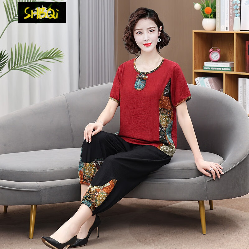 圣布奇老太太夏季衣服老奶奶夏天穿的妈妈夏装棉麻短袖套装50岁60中