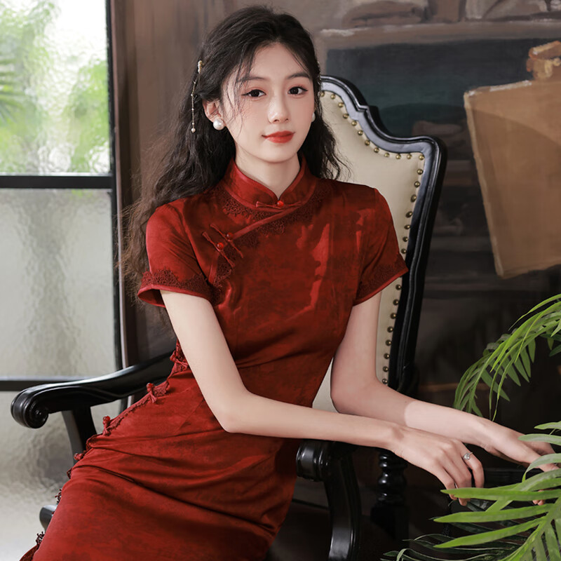 家隆名秀酒红色旗袍敬酒服2023年新款夏季长旗袍女年轻款少女回门新娘礼服 红色 L怎么看?