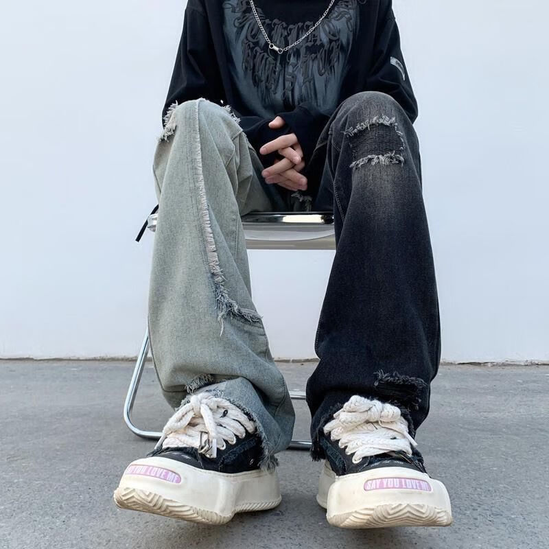 kmka鸳鸯裤男夏季美式高街复古vibe风裤子男小众设计感毛边拼接牛仔裤