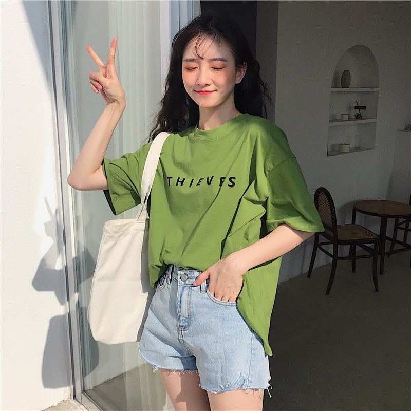 牛油果绿丧系超火cec短袖t恤女夏2020ins慵懒风宽松抹茶绿上衣服 绿色