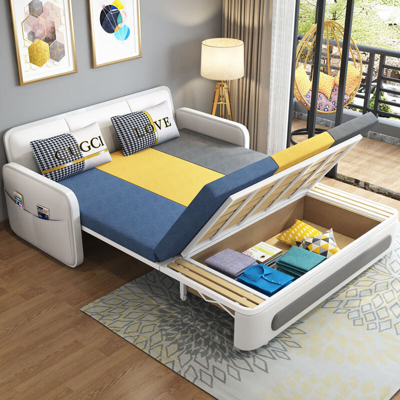 三世桃源沙发床可折叠坐卧两用多功能沙发二用小户型单人客厅沙发床可拆洗 白#米黄色 外宽0.88m护脊椰棕垫+储物