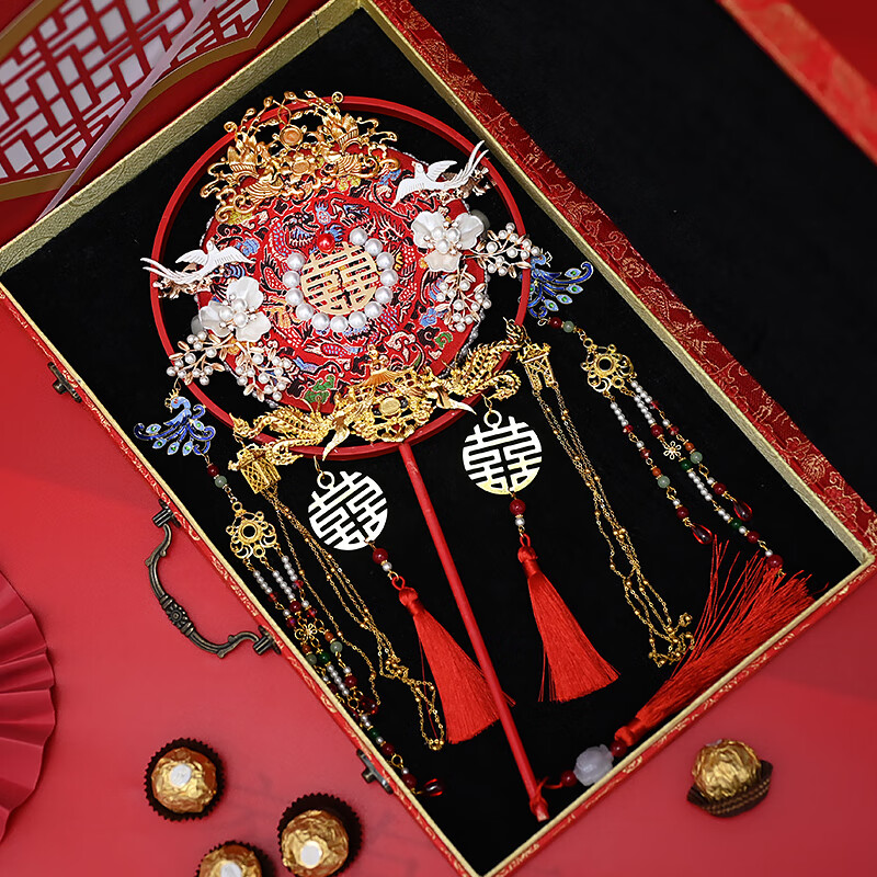 乐蕊结婚新娘团扇diy材料包手工出嫁喜扇古风新婚成品中式婚礼秀禾扇