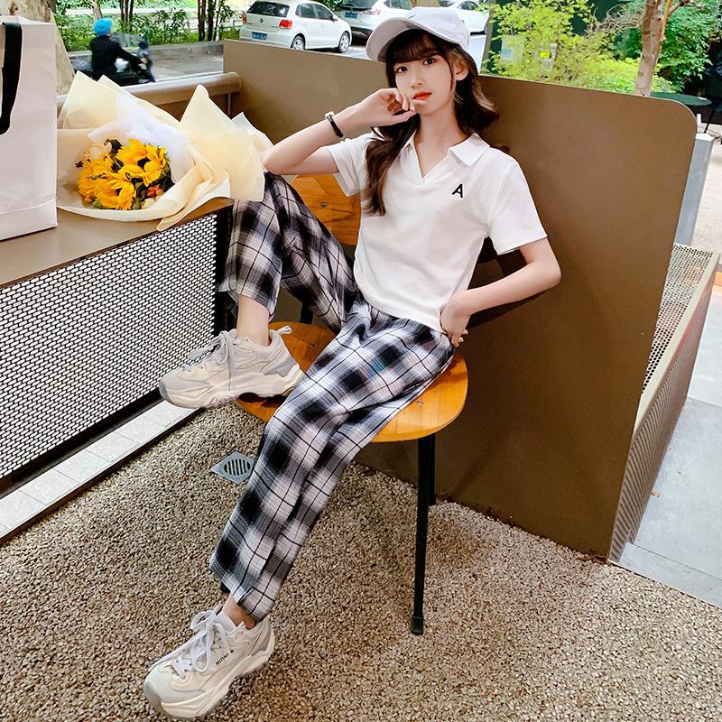 靓女街女童套装夏季中大儿童9-12岁女孩衣服短袖t恤上衣格子裤两件套