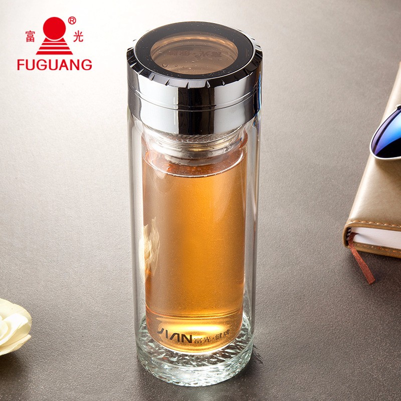富光玻璃杯 双层玻璃水晶杯 带滤网耐热防烫厚底茶杯 商务男士便携