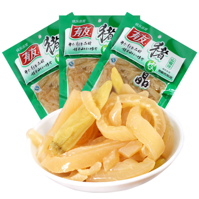 有友山椒豬皮晶90g解饞開袋即食泡椒豬皮宿舍追劇休閑小零食 【】 [有友]90g山椒豬皮晶*3袋g
