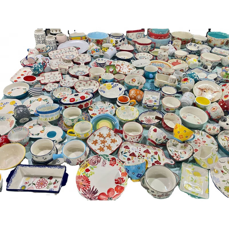 盘子家用 源头批发五彩手绘陶瓷餐具地摊碗盘餐厅家用日用盘子碗杂件