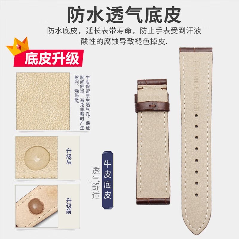 真皮替换手表带男女士牛皮带蝴蝶扣配件适配西铁橙浪琴康卡斯铁达时天梭天王DW时尚皮质柔软皮表链快拆 黑色红线-银色针扣 17mm