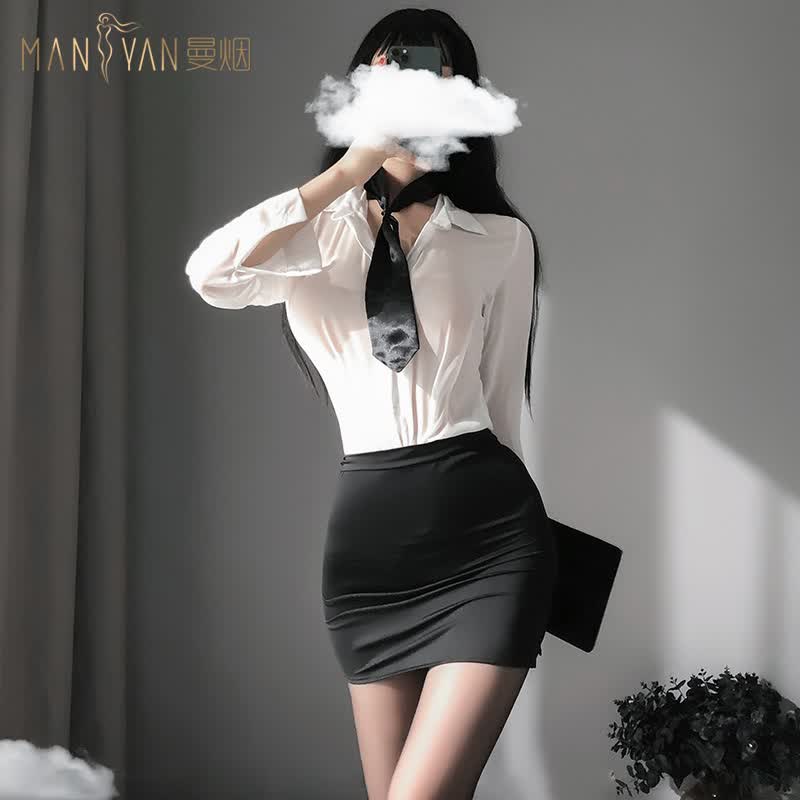 情趣内衣办公室女秘书ol制服套装长袖衬衫包臀短裙领带丁字裤角色扮演