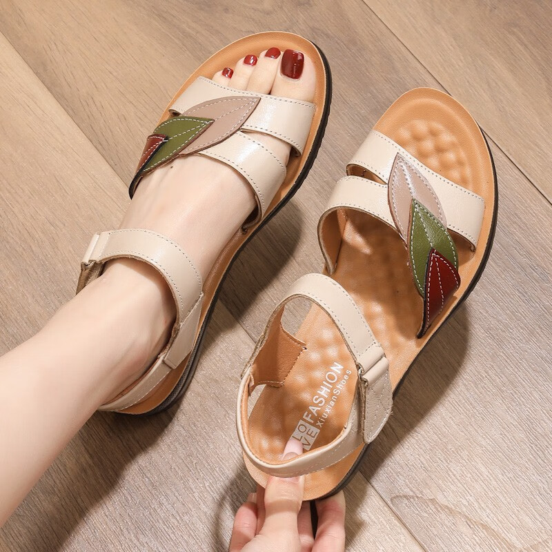 欧瓦特品牌妈妈凉鞋女夏季真皮软底舒适中老年女鞋平底防滑中年老人鞋