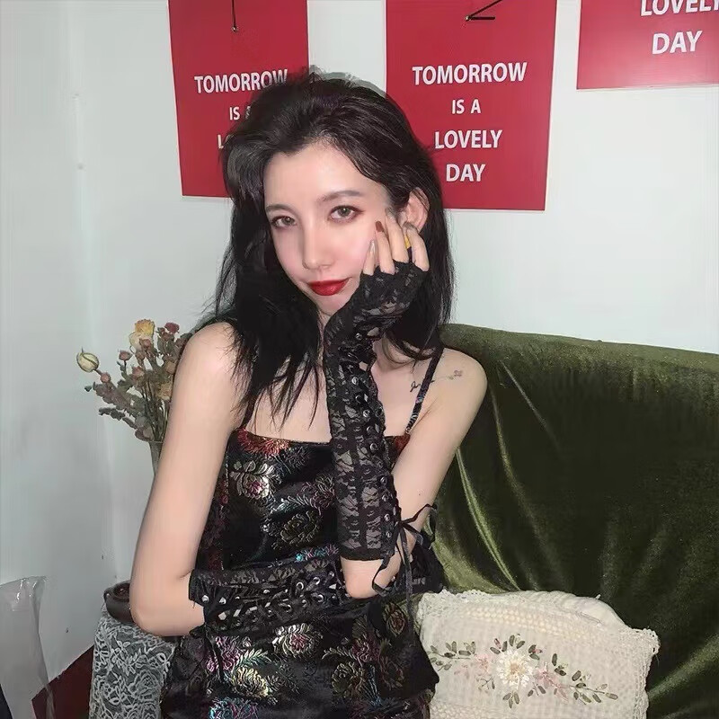 复古长筒黑白色蝴蝶结蕾丝手套女薄款情调禁欲系性感半指手套绑带