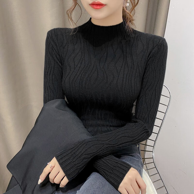 怡曼芙打底衫女秋冬新款半高领时尚针织衫纯色修身保暖毛衣内搭洋气上衣 黑色 均码 -建议85-135斤