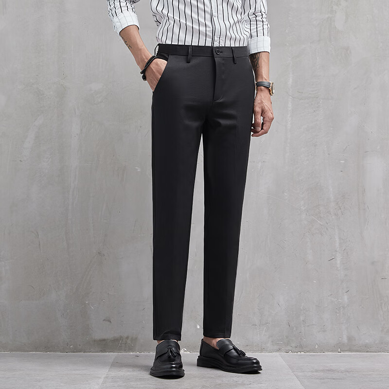穆杉休闲裤男士西装裤直筒商务休闲上班通勤正装长裤子修身九分裤 黑色(长裤) 32(腰围84cm)