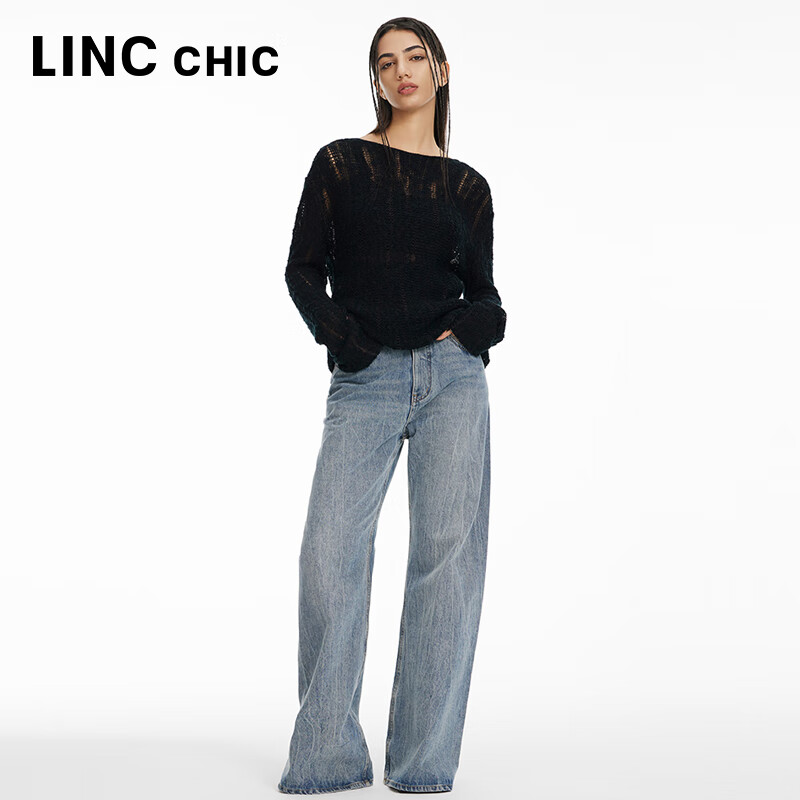 金羽杰薄透镂空长袖针织衫女短款春秋季新品圆领打底小衫上衣S241SW320Y 莱赛尔黑 M 适合110斤以下