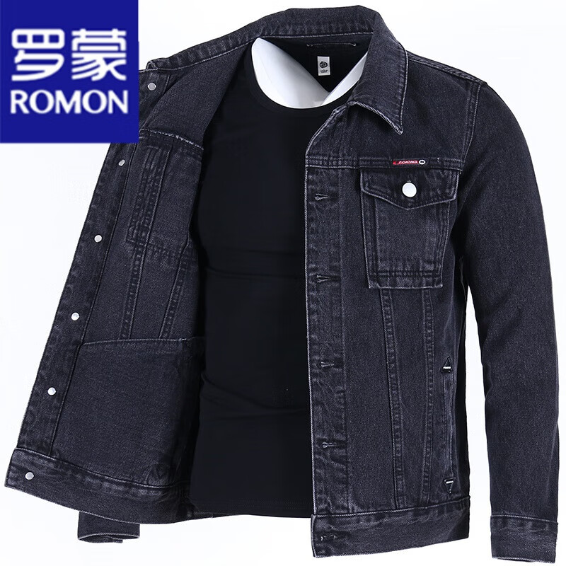 羅蒙（ROMON）純棉牛仔外套男寬松大碼夾克春秋新款男裝灰色牛仔衣 黑色 XL 【建議體重125-140斤】