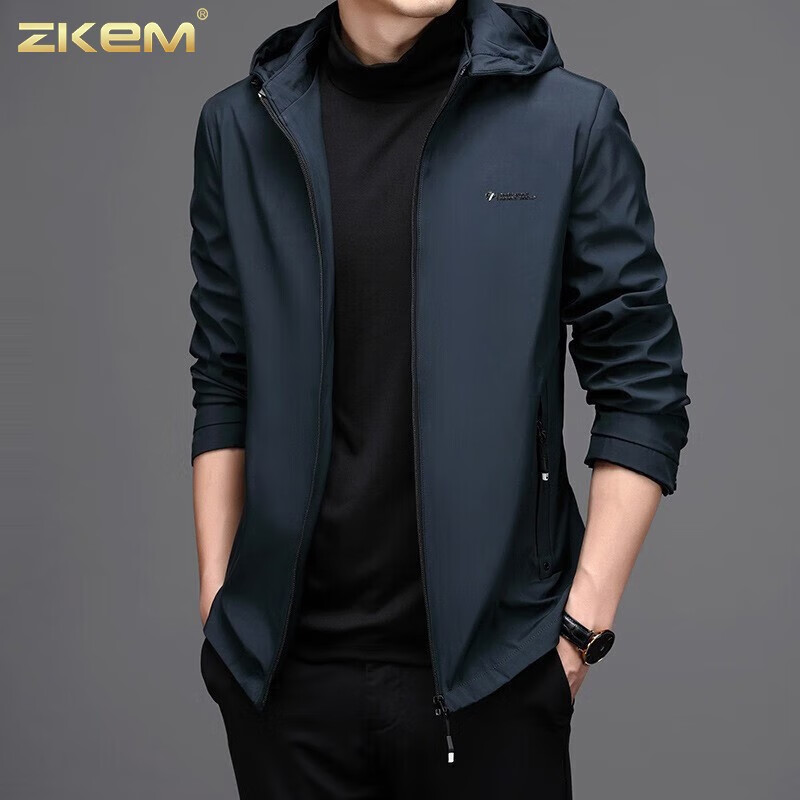 ZKEM奢侈高端品牌男装高档休闲商务夹克外套男士衣服装新款纯色连帽 蓝色 170/M