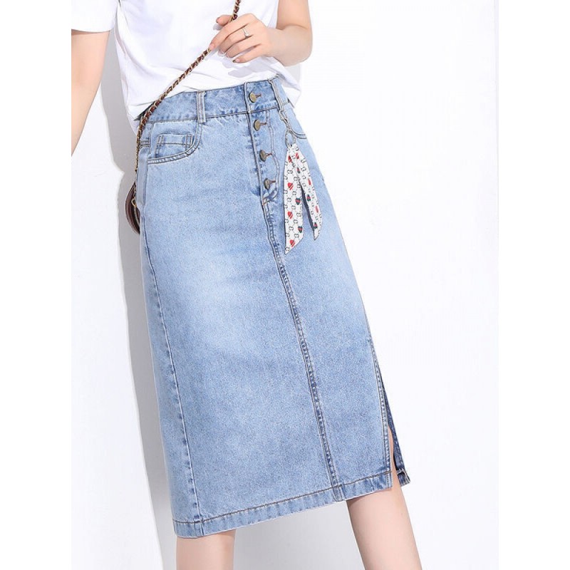 2022夏季新款高腰浅色牛仔半身裙中长款显瘦修身包臀开叉直筒裙天蓝色
