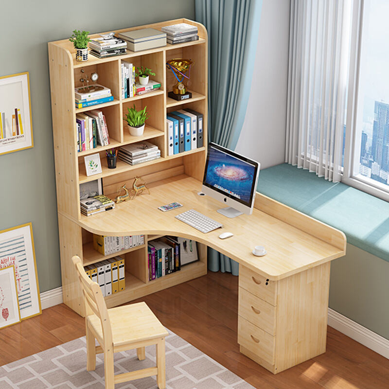 实木转角书桌书架组合家用简写字桌书柜一体电脑台式桌学生学习桌带