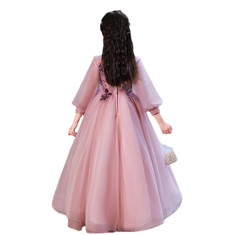 tificy女童礼服公主裙小女孩公主裙演出服生日晚礼服 紫粉色l3982长款