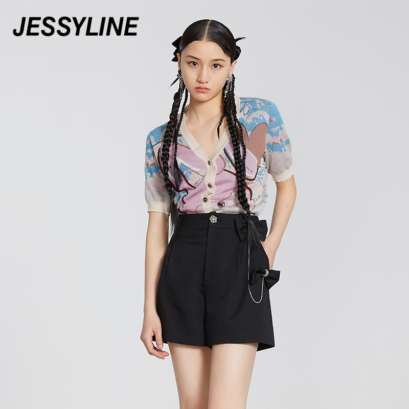 Jessy line夏季专柜款 杰茜莱v领卡通短袖针织衫女 223104102 花色 XS/155