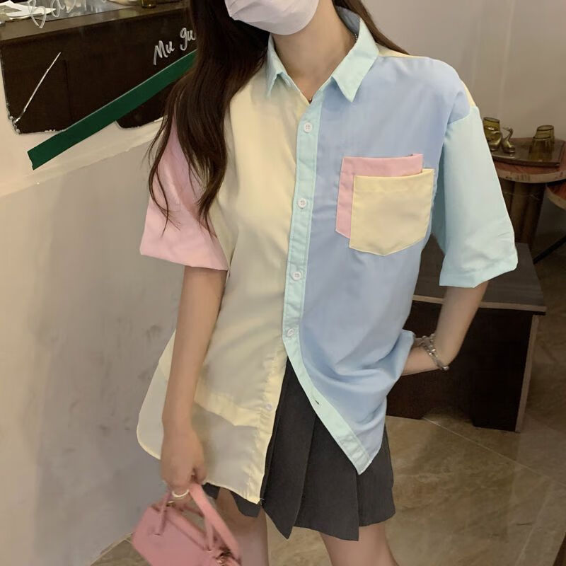 月袖拼接马卡龙色系短袖衬衫女夏季韩版宽松慵懒风小众半袖上衣服ins