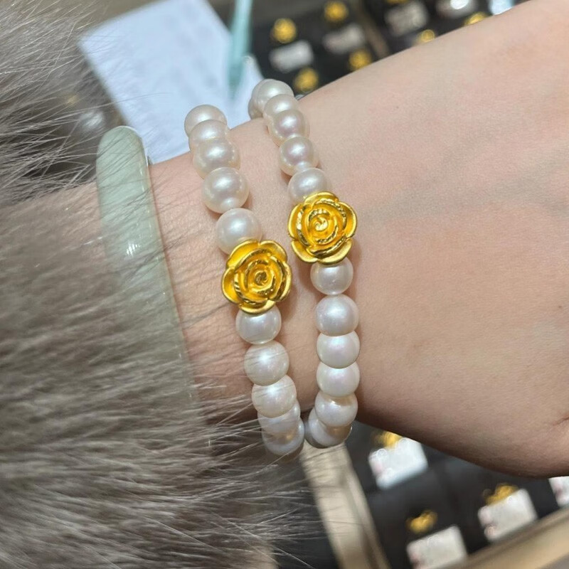 易升黄金玫瑰花手链妈妈款999足金珍珠串珠时尚新款猫眼手串首饰品