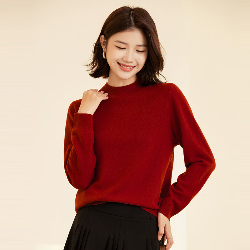 恒源祥100纯羊毛针织衫女秋冬新款半高领套头毛衣内搭打底纯色羊毛衫女 胭脂红 L /170/92A