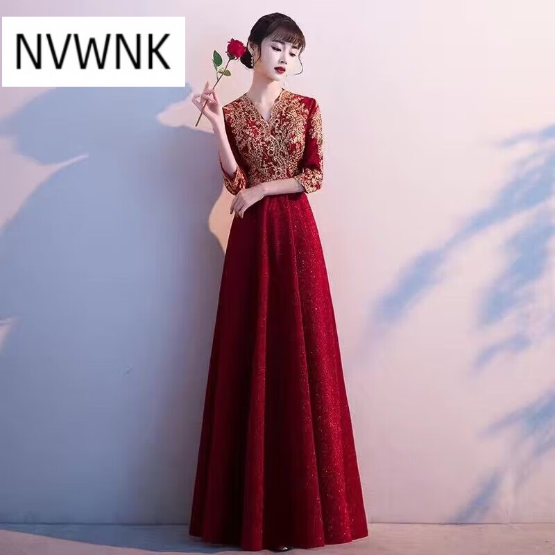 NVWNK晚礼服女2022新款高端气质显瘦小香风中式新娘敬酒服长袖款 酒红色长款 XL