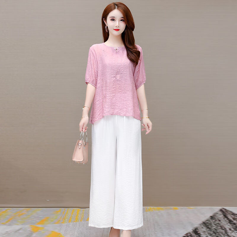 珍妮羊冰丝减龄两件套裤女夏季新款时尚休闲宽松小衫阔腿裤套装女