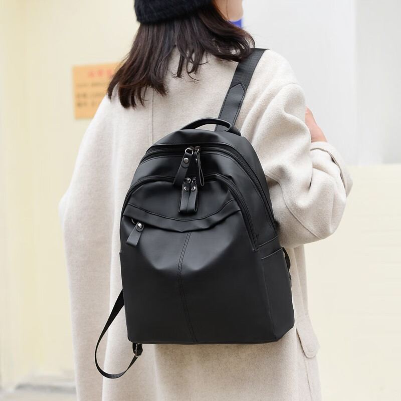 【精选】双肩包女韩版女士背包休闲旅行包软面背包电脑包 黑色-单包