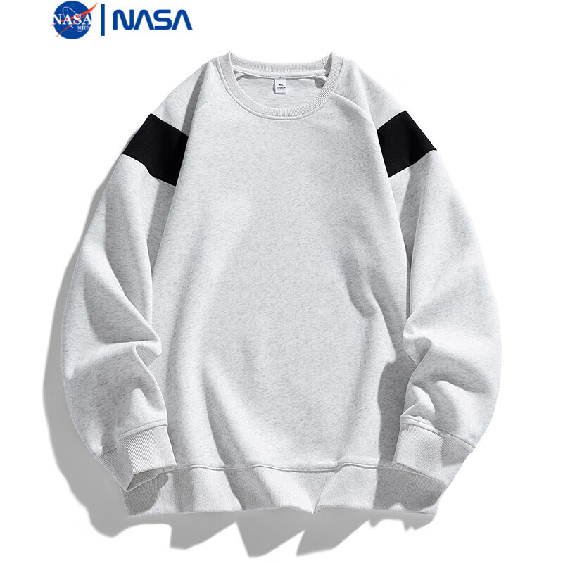NASAMITOO撞色圆领卫衣男2024秋季新款宽松休闲简约百搭上衣 花白灰 L