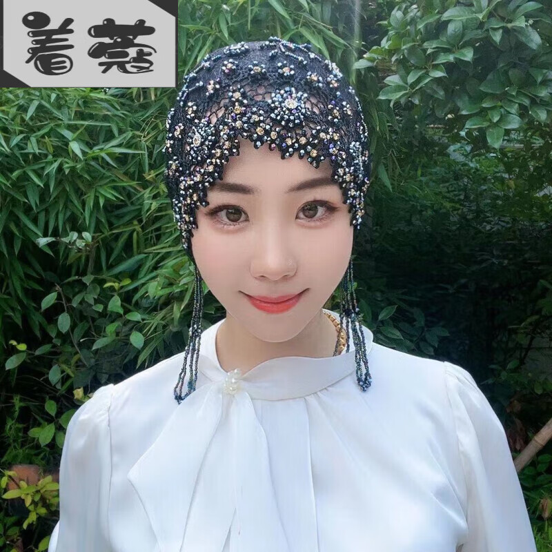 包头巾女外出新款回族夏季帽子女帽头巾帽妈妈戴遮白发手工串珠乱 黑