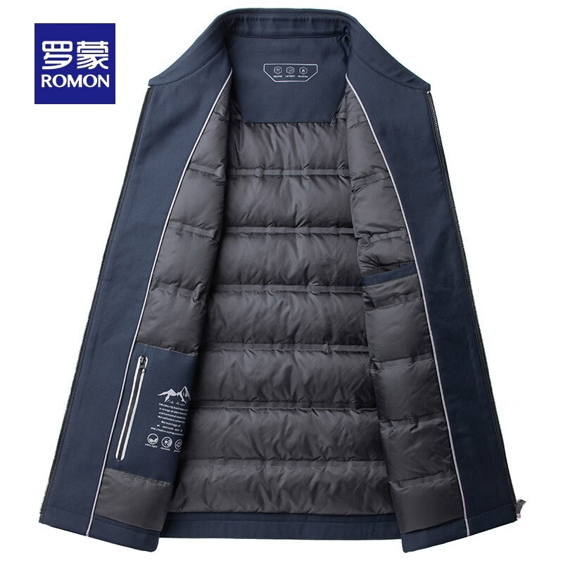 罗蒙行政翻领羽绒服男干部装秋冬中老年商务男士加厚保暖外套男爸爸装 3Y147A28深蓝 XL 180(建议140-160斤)