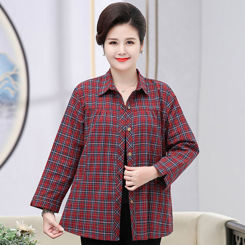 万派摩大码中老年棉长袖格子衬衫女春秋妈妈装棉外套衬衣加肥大码女 1