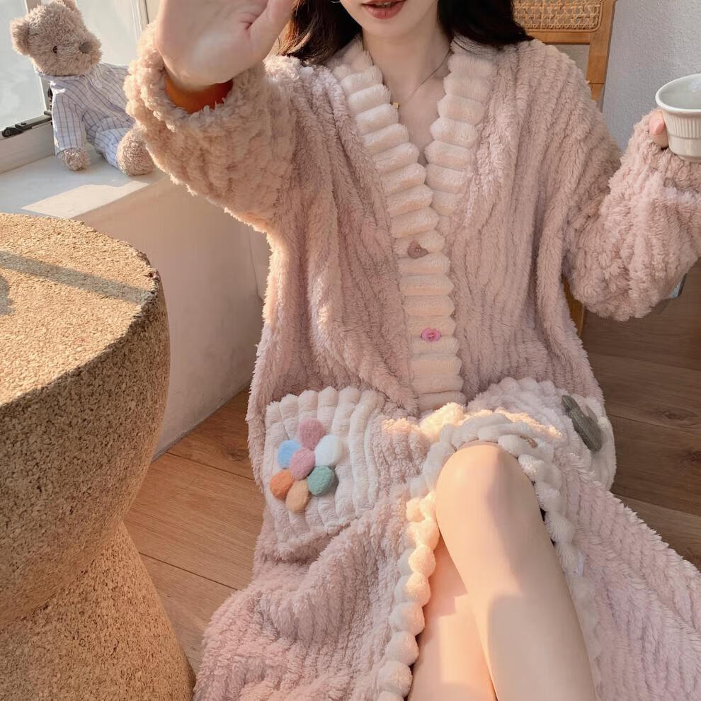 有只绵秋冬新款珊瑚绒睡袍大耳狗连帽睡衣可爱保暖加厚家居服女 粉色彩虹花朵睡袍 均码(80-150)