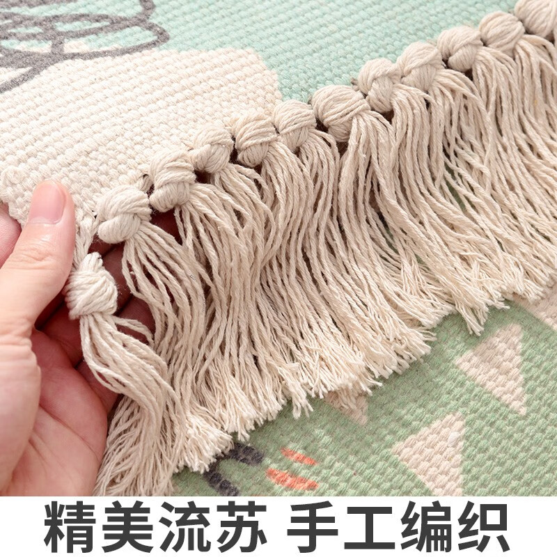 大江北欧ins风编织地毯长条床边脚毯 棉质卧室流苏编织地毯简约飘窗毯 踏青 60*180cm