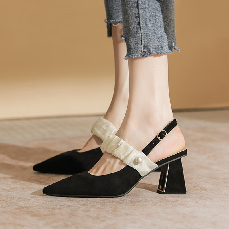 京蝌蝌高跟鞋黑色高跟鞋女春季外穿浅口法式尖头公主粗跟包头凉单鞋